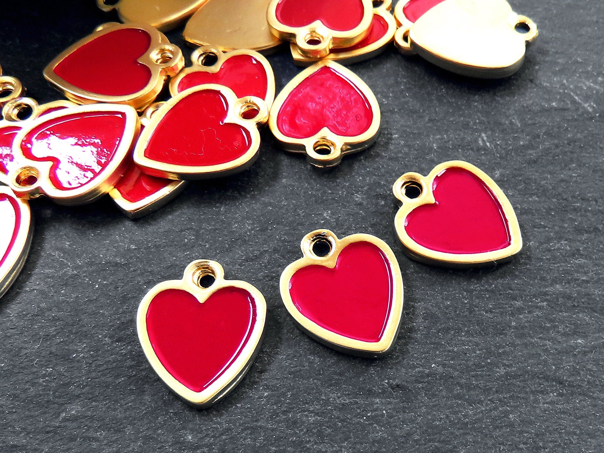 Red Heart Charms, Small Enamel Heart Pendants with Raised Edges, Love Charm, 22k Matte Gold Plated, 3pc
