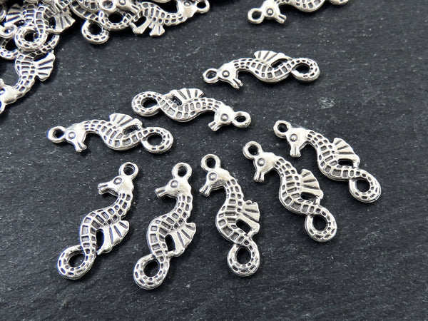 8 Mini Seahorse Pendant Charms, Artisan Charms, Seahorse Beads, Matte Antique Silver Plated