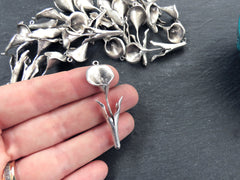 Calla Lily Charm Pendant, Top loop & Hidden Bottom Loop, Silver Flower, Bohemian Artisan Charms,  Matte Antique Silver Plated Brass, 1pc