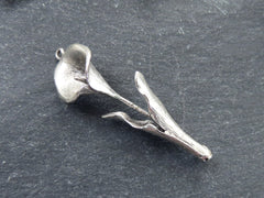 Calla Lily Charm Pendant, Top loop & Hidden Bottom Loop, Silver Flower, Bohemian Artisan Charms,  Matte Antique Silver Plated Brass, 1pc