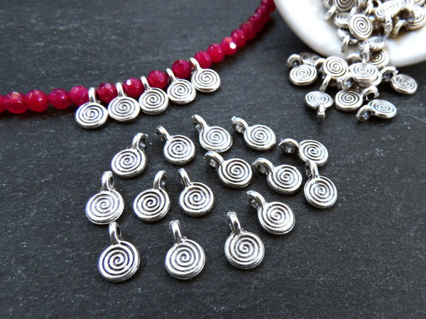 Mini Swirl Spiral Coin Pendant Charms, Small Disc Charms Beads for Jewelry Making, Matte Antique Silver Plated, 15pcs