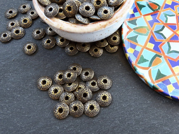 Dotted Saucer Spacer Beads, Bronze Saucer Beads, Metal Disc Beads, Jewelry Making Craft Beads, Antique Bronze Plated, 15Pc