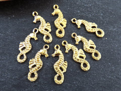 8 Mini Seahorse Pendant Charms, Artisan Charms, Seahorse Beads, 22k Matte Gold Plated