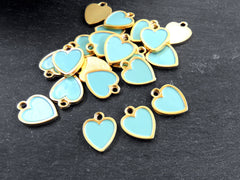 Aqua Heart Charms, Small Enamel Heart Pendants with Raised Edges, Love Charm, 22k Matte Gold Plated, 3pc