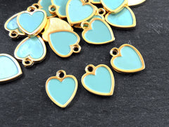 Aqua Heart Charms, Small Enamel Heart Pendants with Raised Edges, Love Charm, 22k Matte Gold Plated, 3pc