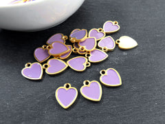 Periwinkle Heart Charms, Small Purple Enamel Heart Pendants with Raised Edges, Love Charm, 22k Matte Gold Plated, 3pc