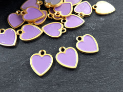 Periwinkle Heart Charms, Small Purple Enamel Heart Pendants with Raised Edges, Love Charm, 22k Matte Gold Plated, 3pc