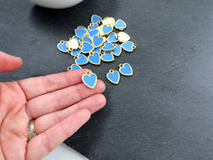 Blue Heart Charms, Small Enamel Heart Pendants with Raised Edges, Love Charm, 22k Matte Gold Plated, 3pc