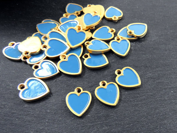 Blue Heart Charms, Small Enamel Heart Pendants with Raised Edges, Love Charm, 22k Matte Gold Plated, 3pc