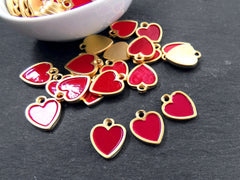 Red Heart Charms, Small Enamel Heart Pendants with Raised Edges, Love Charm, 22k Matte Gold Plated, 3pc