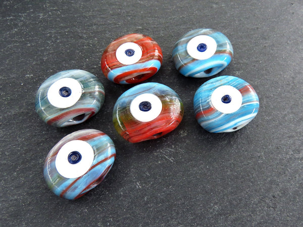 6 Evil Eye Nazar Glass Bead, Multicolor Marble, One of a Kind, Traditional Turkish Handmade Protective Lucky Amulet  26 mm, Set No:333