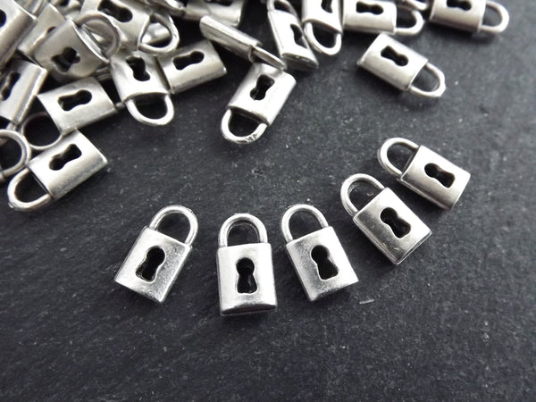 Mini Padlock Charm Pendants, Tiny Keyhole Lock Dangle Charms, Matte Antique Silver Plated, 13x7mm, 8pcs