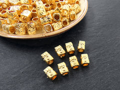 Sun Spiral Symbol Beads, Rectangle Bead Spacers, Sun Wheel, Embossed Metal Tube Spacer Beads, Tarnish Resistant 22k Matte Gold Plated, 8pcs