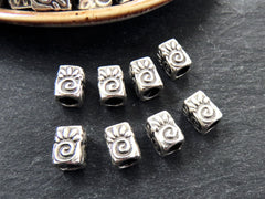 Sun Spiral Symbol Beads, Rectangle Bead Spacers, Sun Wheel, Embossed Metal Beads, Tube Spacer Beads, Matte Antique Silver Plated, 8pcs