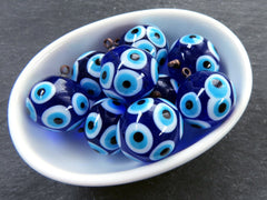 17mm Glass Evil Eye Charm Pendant, Cobalt Blue Round Ball Evil Eye, Lampwork Murano, Amulet, Protective, Lucky, Handmade, 1pc