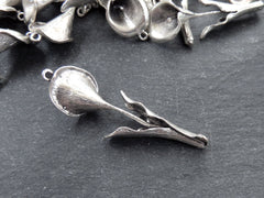 Calla Lily Charm Pendant, Top loop & Hidden Bottom Loop, Silver Flower, Bohemian Artisan Charms,  Matte Antique Silver Plated Brass, 1pc