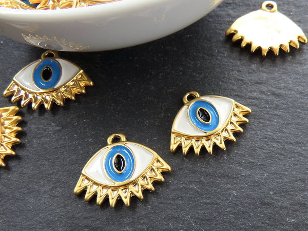 Enamel Evil Eye Pendant Charms, Eyelash Evil Eye, Eye Of The Beholder, Good Luck, Protective Amulet Talisman, 22k Matte Gold Plated, 2pc