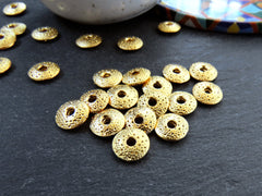 Dotted Saucer Spacer Beads, Gold Saucer Beads, Metal Disc Beads, Jewelry Making Craft Beads, 22k Matte Gold Plated, 15pc