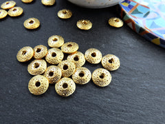 Dotted Saucer Spacer Beads, Gold Saucer Beads, Metal Disc Beads, Jewelry Making Craft Beads, 22k Matte Gold Plated, 15pc