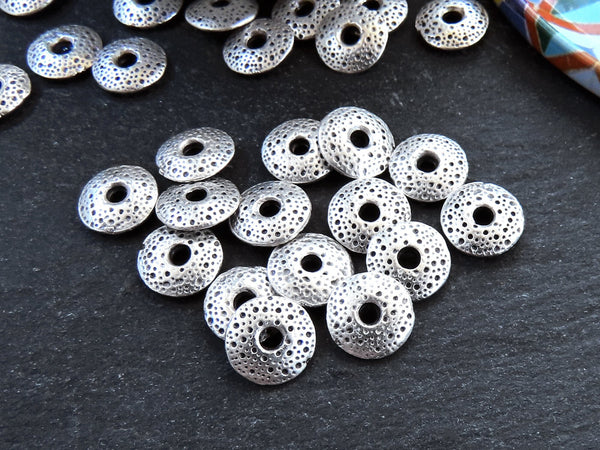 Dotted Saucer Spacer Beads, Silver Saucer Beads, Metal Disc Beads, Jewelry Making Craft Beads, Matte Antique Silver Plated, 15Pc