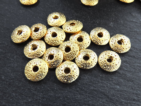Dotted Saucer Spacer Beads, Gold Saucer Beads, Metal Disc Beads, Jewelry Making Craft Beads, 22k Matte Gold Plated, 15pc