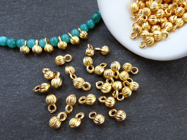 Round Ribbed Gold Ball Drop Charms, Drop Charms, Beading Charms, Textured Ball Charms, Bracelet Charms, 22k Matte Gold Plated 20pcs