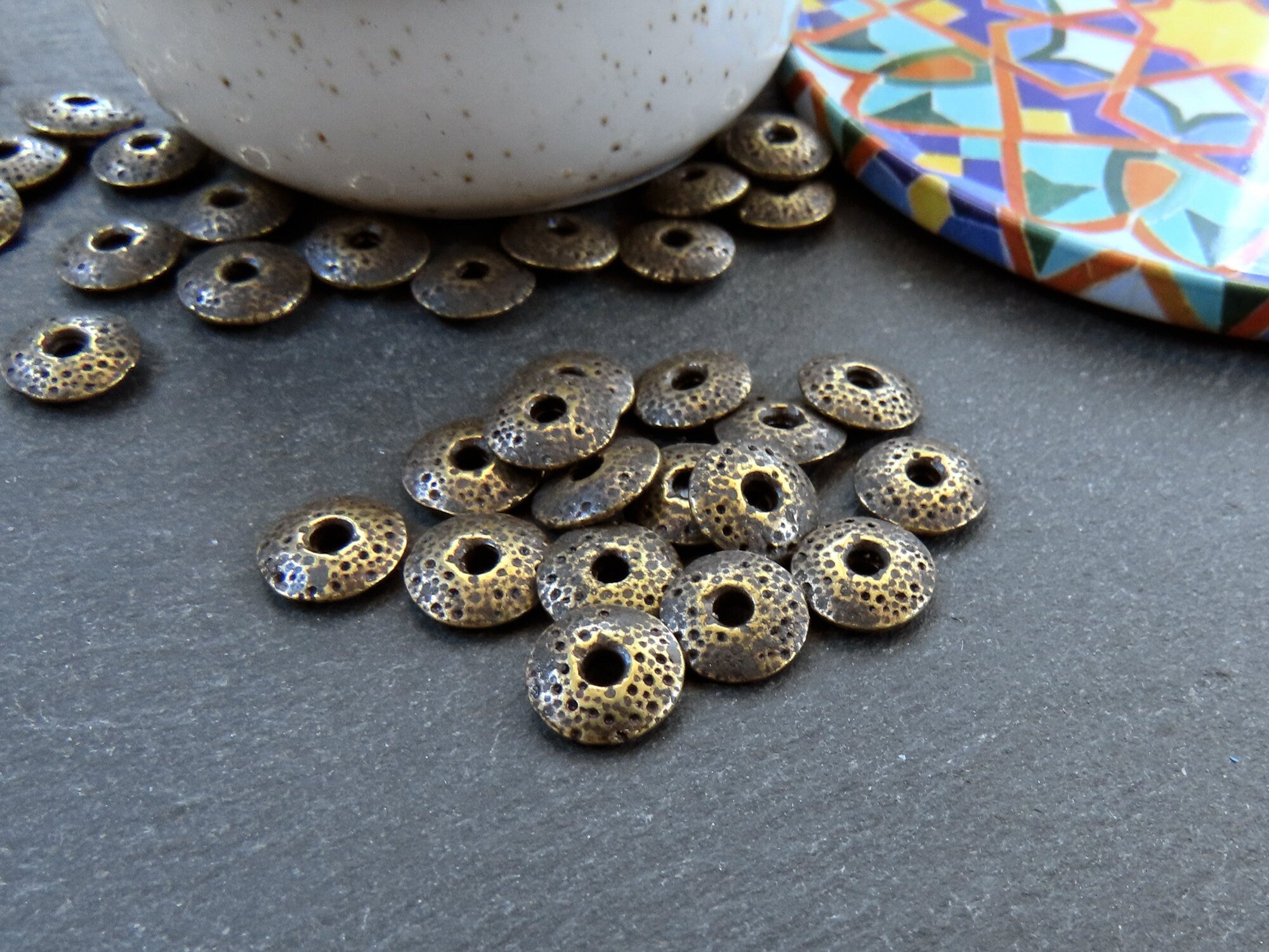 Dotted Saucer Spacer Beads, Gold Saucer Beads, Metal Disc Beads