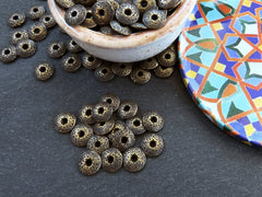 Dotted Saucer Spacer Beads, Bronze Saucer Beads, Metal Disc Beads, Jewelry Making Craft Beads, Antique Bronze Plated, 15Pc