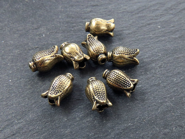 Tulip Bead Spacer Caps, Spacer Beads, Bead Caps, Flower Beads, Artisan Jewelry Making Craft Beads, Antique Bronze Plated, 8pc