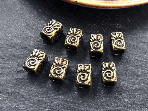 Sun Spiral Symbol Beads, Rectangle Bead Spacers, Sun Wheel, Embossed Metal Beads, Tube Spacer Beads, Antique Bronze Plated, 8pcs