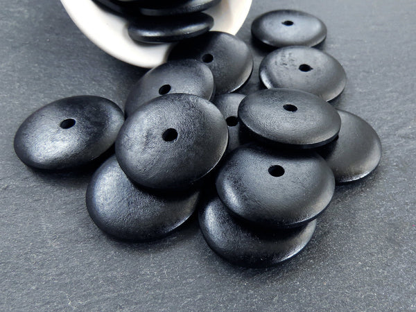 Large Black Round Wood Beads, Wooden Saucer Disc Beads, Jewelry Making Craft Beads, 25mm, 8pcs