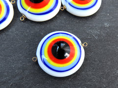 Glass Rainbow Evil Eye Charm Pendant Connector, Round Spiral Evil Eye, Lampwork, Amulet, Protective, Lucky, Handmade, 1pc, No:1