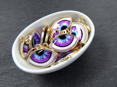 Evil Eye Charm Pendant, Purple Ellipse Eye Pendant, Protective Talisman, Shiny 22k Gold Plated, 3pc