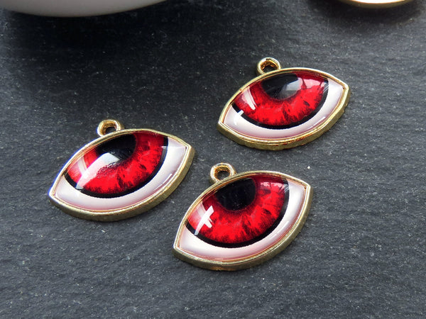 Evil Eye Charm Pendant, Red Ellipse Eye Pendant, Protective Talisman, Shiny 22k Gold Plated, 3pc