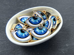 Evil Eye Charm Pendant, Light Blue Ellipse Eye Pendant, Protective Talisman, Shiny 22k Gold Plated, 3pc