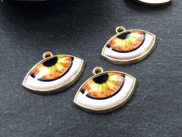Evil Eye Charm Pendant, Orange Ellipse Eye Pendant, Protective Talisman, Shiny 22k Gold Plated, 3pc