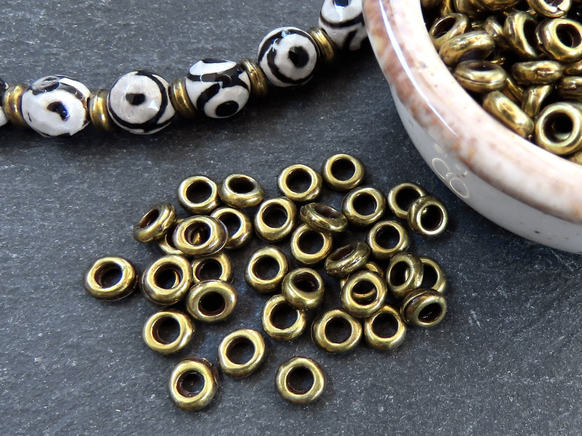 Small Bronze Washer Bead Spacers, Mykonos Greek Beads, Organic Round Metal Beads, Jewelry Making Supply, Antique Bronze Plated, 20 pc