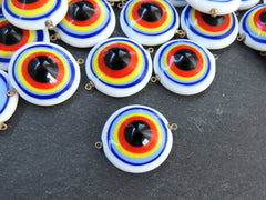 Glass Rainbow Evil Eye Charm Pendant Connector, Round Spiral Evil Eye, Lampwork, Amulet, Protective, Lucky, Handmade, 1pc, No:1