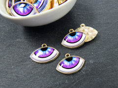 Evil Eye Charm Pendant, Purple Ellipse Eye Pendant, Protective Talisman, Shiny 22k Gold Plated, 3pc