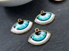 Evil Eye Charm Pendant, Aqua Ellipse Eye Pendant, Protective Talisman, Shiny 22k Gold Plated, 3pc