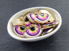 Evil Eye Charm Pendant, Violet Purple Ellipse Eye Pendant, Protective Talisman, Shiny 22k Gold Plated, 3pc