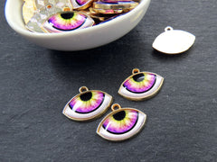 Evil Eye Charm Pendant, Violet Purple Ellipse Eye Pendant, Protective Talisman, Shiny 22k Gold Plated, 3pc