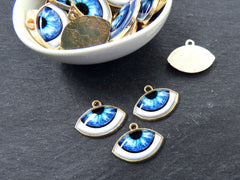 Evil Eye Charm Pendant, Light Blue Ellipse Eye Pendant, Protective Talisman, Shiny 22k Gold Plated, 3pc