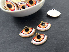 Evil Eye Charm Pendant, Orange Ellipse Eye Pendant, Protective Talisman, Shiny 22k Gold Plated, 3pc