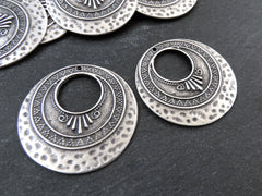 2 Large Round Art Deco Circle Loop Pendants Boho Bohemain Gypsy Jewelry Supplies Craft - Matte Antique Silver Plated