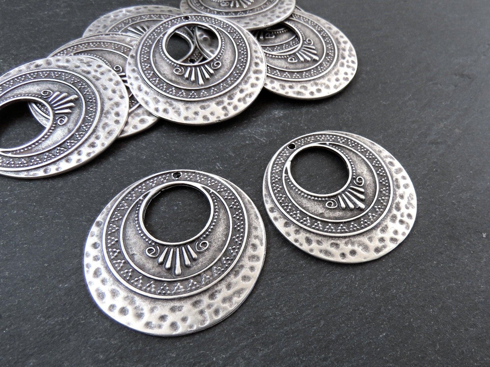 2 Large Round Art Deco Circle Loop Pendants Boho Bohemain Gypsy Jewelry Supplies Craft - Matte Antique Silver Plated