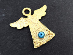 Blue Evil Eye Angel Pendant, Folk Guardian Charm, Angel Ornament, Good Luck Charm, Protective Talisman Amulet 22k Matte Gold Plated 1pc