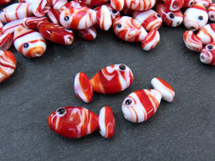 3 Glass Fish Beads, Good Luck Bead, Evil Eye Amulet, Murano, Kismet Beads, Lucky, Handmade Lampwork, Red White