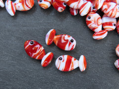 3 Glass Fish Beads, Good Luck Bead, Evil Eye Amulet, Murano, Kismet Beads, Lucky, Handmade Lampwork, Red White