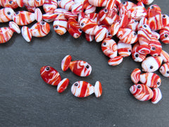 3 Glass Fish Beads, Good Luck Bead, Evil Eye Amulet, Murano, Kismet Beads, Lucky, Handmade Lampwork, Red White